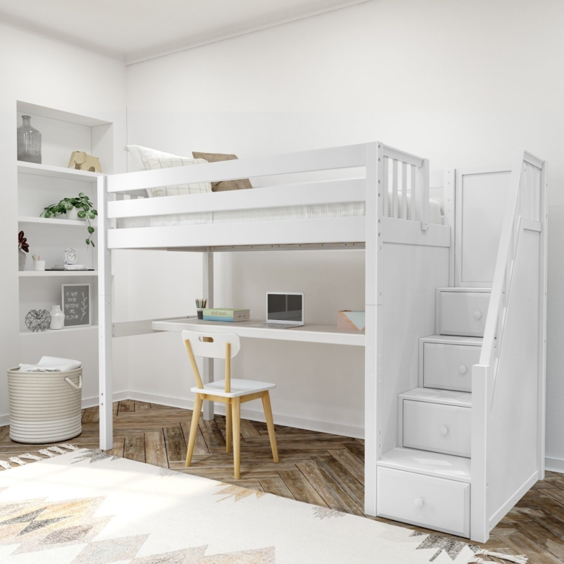White Loft Bed with Full-Length Desk and Staircase Storage