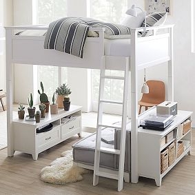 White Loft Bed with Under Bed Seating and Storage Units
