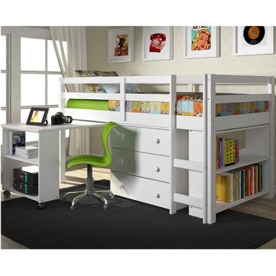 White Low Loft Bed with Integrated Desk, Chest and Bookcase