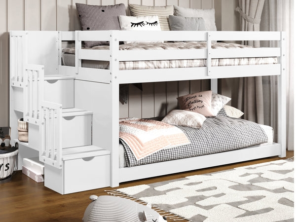 White Low-Profile Bunk Bed with Integrated Stairway Drawers