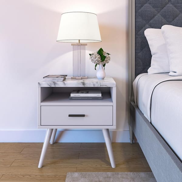 White Marble Top Nightstand Mid-Century Open Shelf Splayed Legs