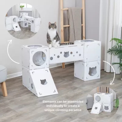 White Minimalist Cat Condo with Cat Head Cutouts and Modular Design