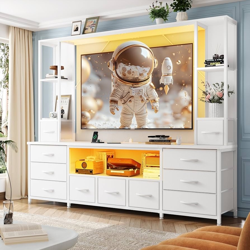 White Modern TV Stand LED Lights Fabric Drawers Power Outlets