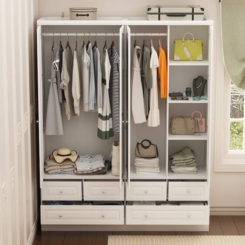 White Modular Wardrobe Armoire with Mirror Front and Shaker Style Drawers.