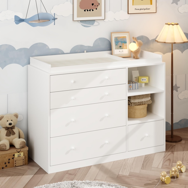 White Nursery Dresser: 5 Drawers, Open Cubby Storage, Scandi Style.