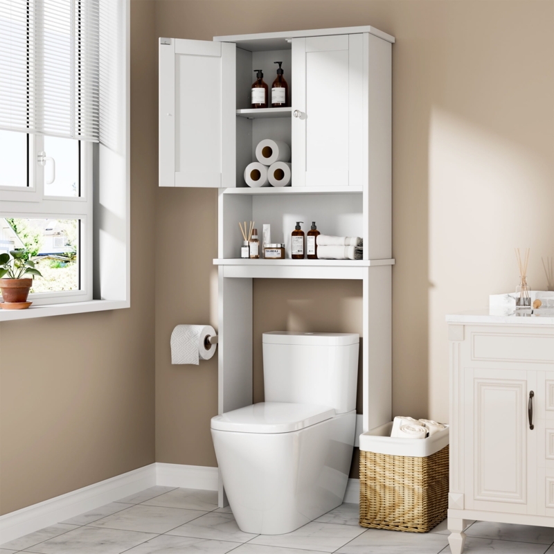White Over Toilet Cabinet: Freestanding Unit with Shaker-Style Doors