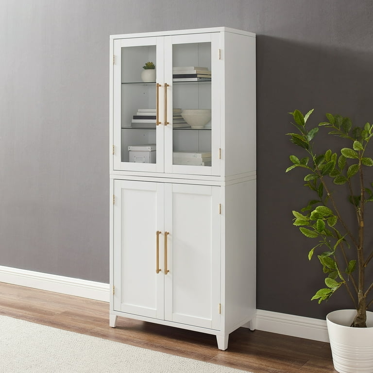 White Pantry Cabinet Glass Hutch Top Gold Hardware