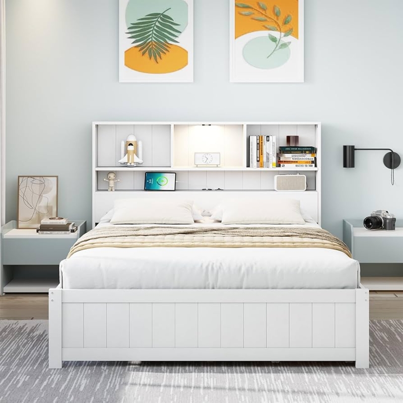 White Platform Bed with Slatted Detailing and Charging Station