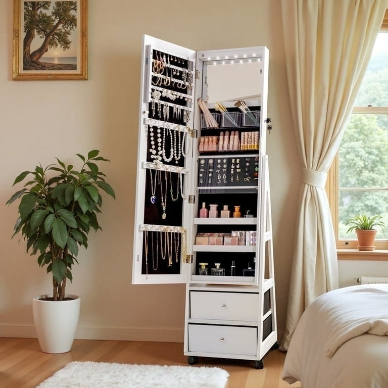 White Rolling Jewelry Armoire with Full Length Mirror and LED Lights