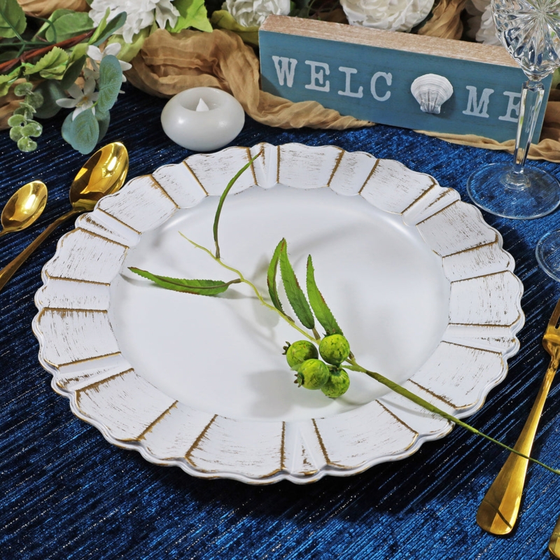 White Scalloped Charger Plate with Distressed Gold Rim for Coastal Chic