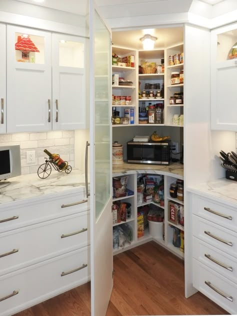White Shaker Corner Pantry Design with Microwave Cubby