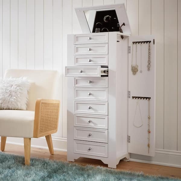 White Standing Jewelry Armoire, Flip Top Mirror, Recessed Panels