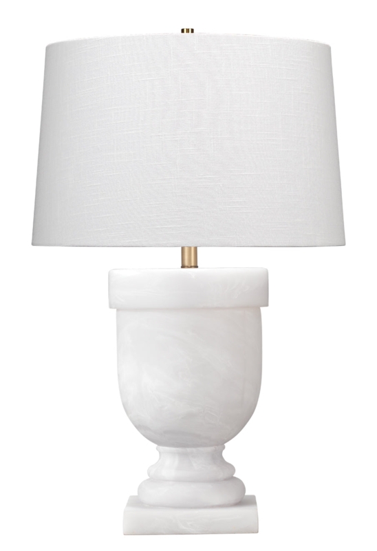 White Stone-Look Urn Table Lamp, Linen Drum Shade and Brass Finial