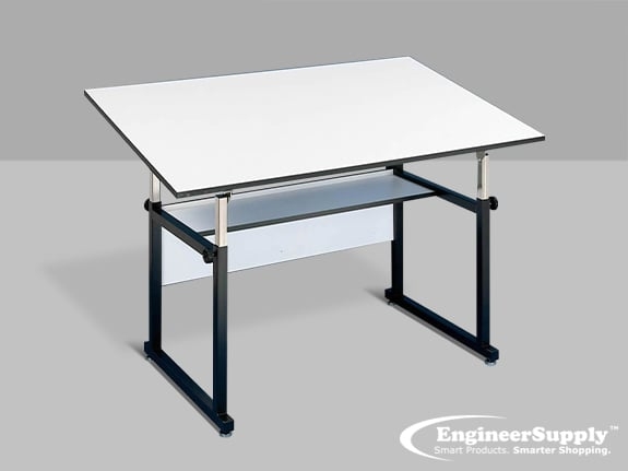 White Tilting Drafting Table with Chrome Accents and Under Desk Shelf