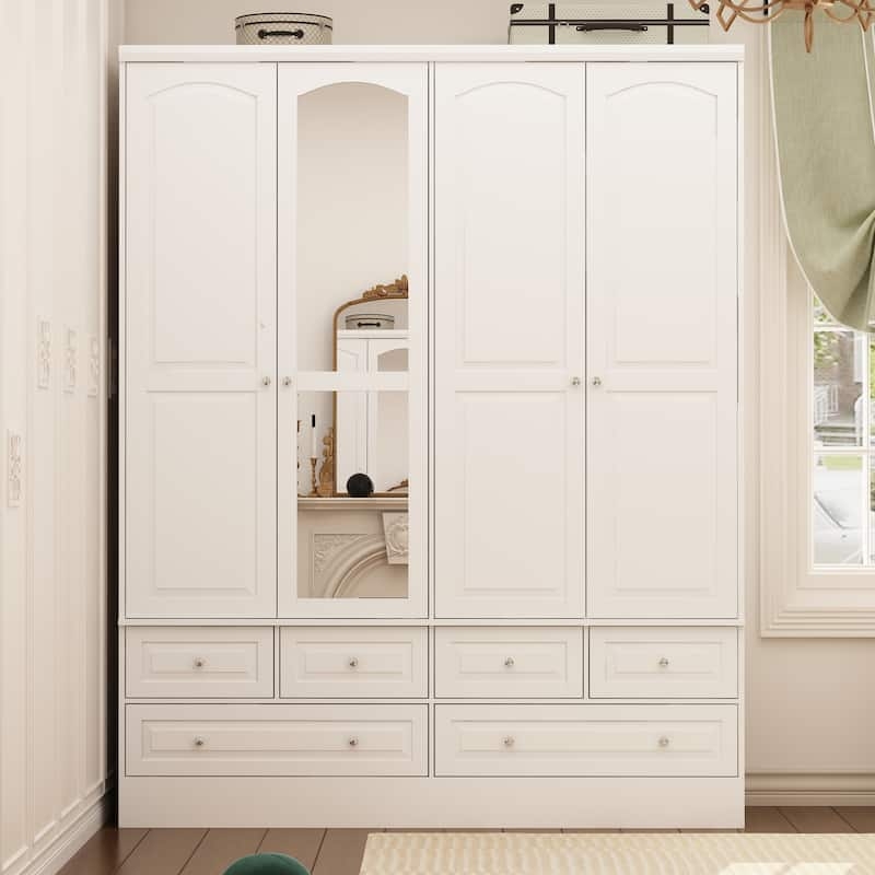 White Transitional Wardrobe Armoire with Mirrored Door and Six Base Drawers.