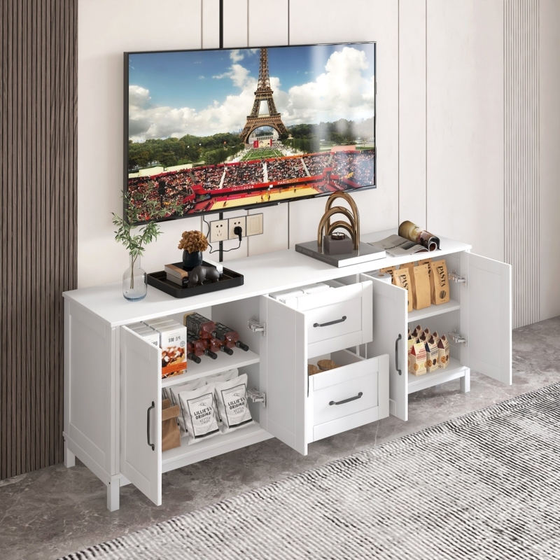 White TV Stand with Wine Storage: Shaker Cabinet, Slim Black Hardware.