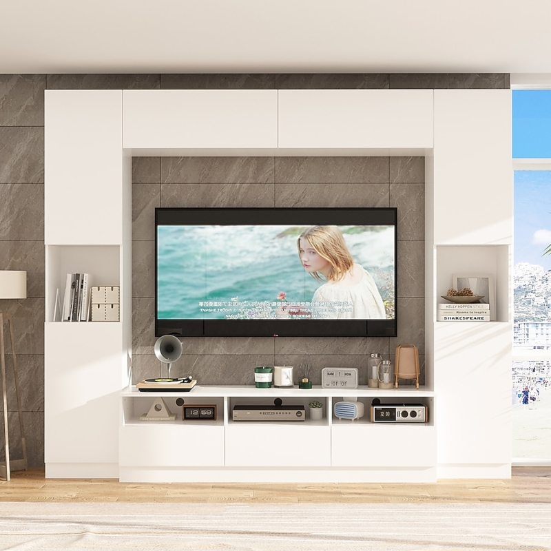 White TV Wall Unit: Large Entertainment Center, Bridge Top, Open Niches.