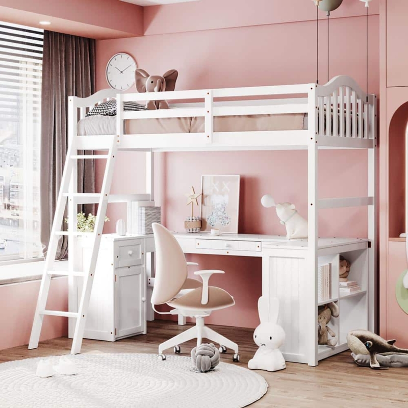 White Twin Loft Bed with Desk, Storage Cabinet and Arched Headboard