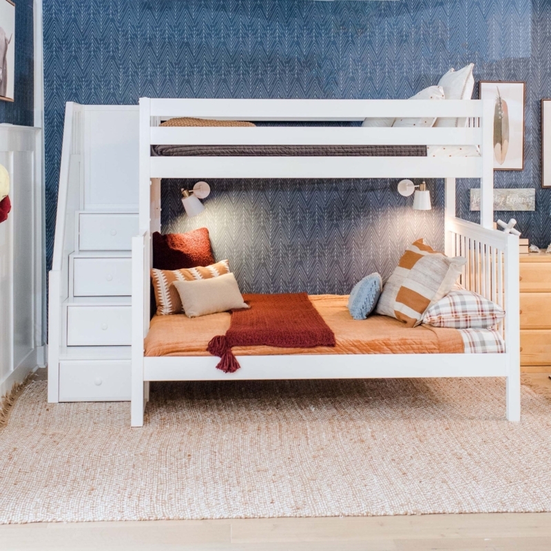 White Twin XL Over Queen Bunk Bed with Staircase Drawers and Sconces