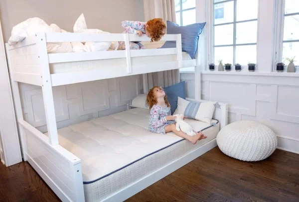 White Wood Bunk Bed with Safety Guardrails and Square Wall Paneling