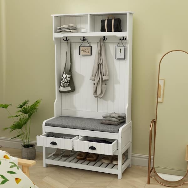 White Wood Hall Tree: Beadboard Back with Drawers and Slatted Shelf