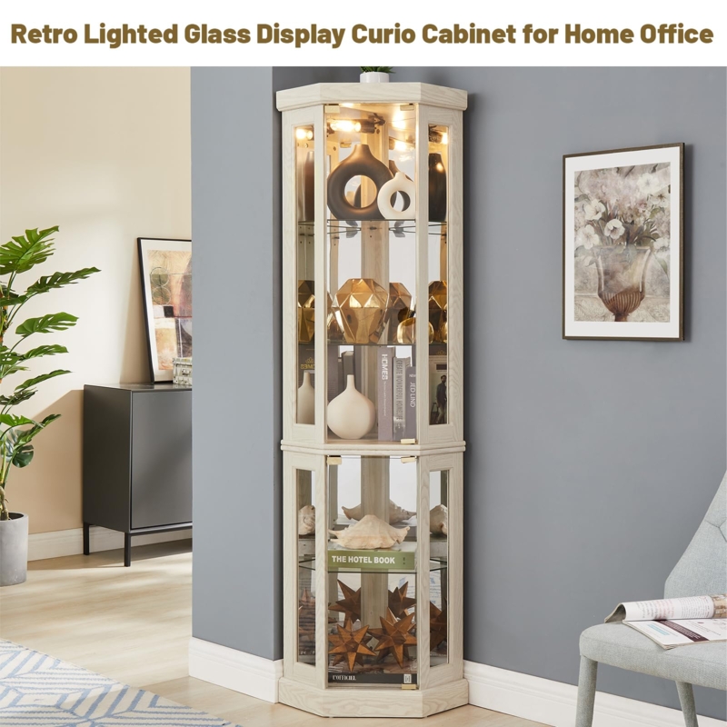 Whitewashed Corner Curio Cabinet in Retro Transitional Hexagonal Style
