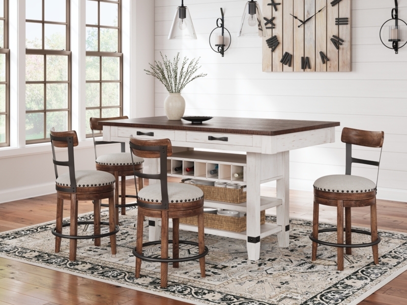 Whitewashed Counter Height Dining Set with Woven Baskets and Wine Rack