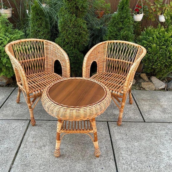 Wicker Patio Set Natural Rattan Lattice Weave Rustic Side Handles