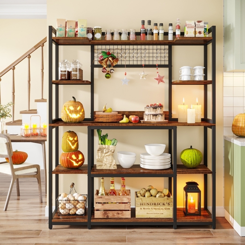 Wide Industrial Bakers Rack with Wire Grid Panel, Kitchen Storage