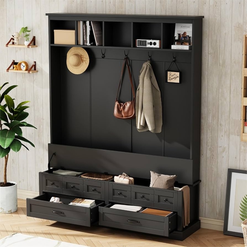 Wide Profile Hall Tree with Lift Top Storage Bench and Black Hardware