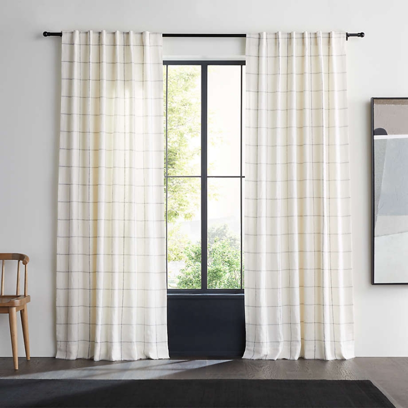Window Curtain Ivory Linen Double Pinstripe Grid Storm Grey