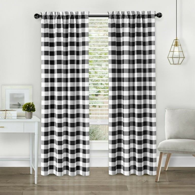 Window Curtains Large Buffalo Check Rod Pocket Ruffled Header