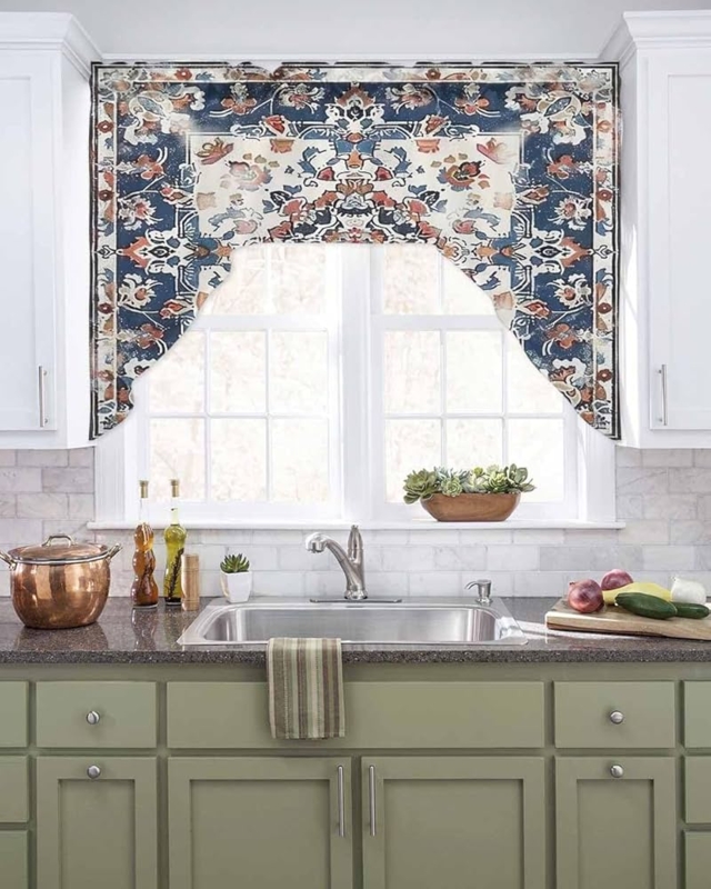 Window Valance, Boho Navy Mandala Floral Print with Swag Silhouette