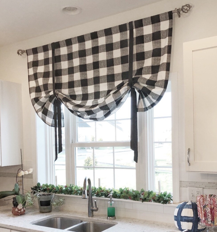 Window Valance Buffalo Check Tie-Up Ribbons Draped Hem Farmhouse