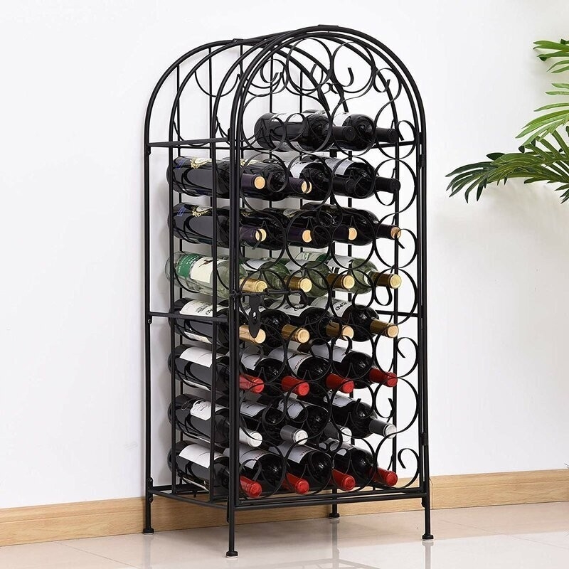 Wine Cage, Matte Black Metal, Arched Top, Scrollwork Details, Latch Door