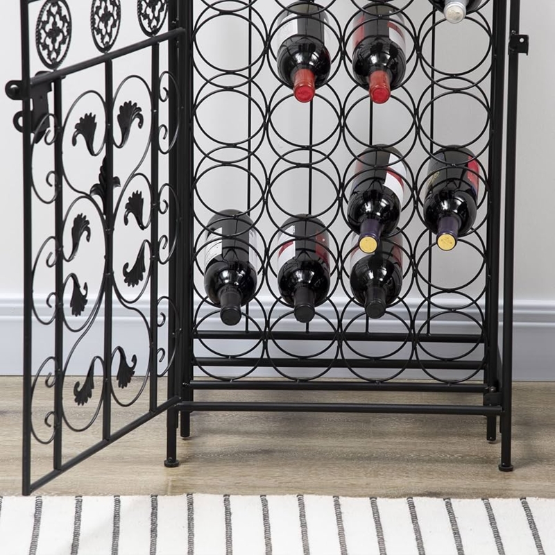 Wine Jail, Matte Black Iron, Ornate Scrollwork, Locking Door Cabinet
