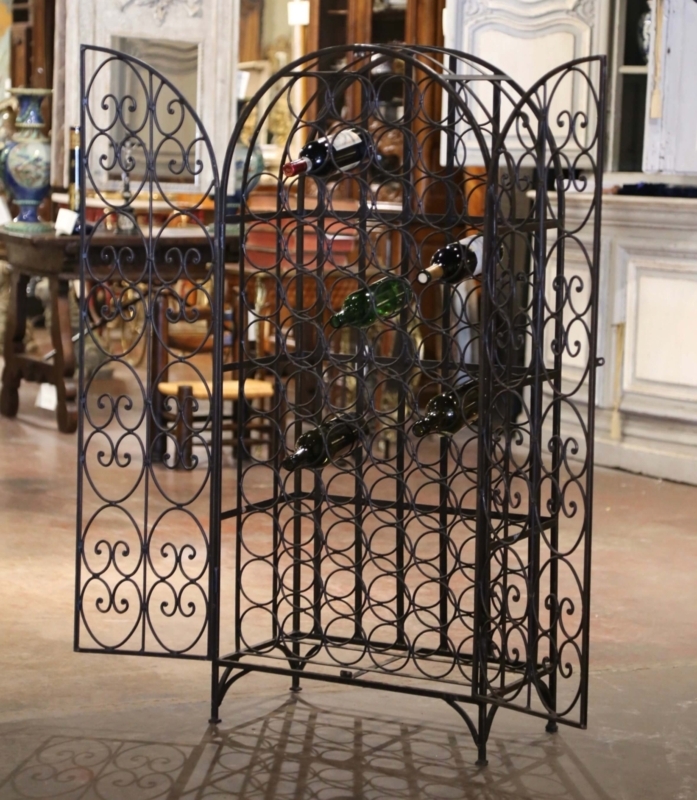Wine Rack, French Provincial Iron, Arched Top, Scrollwork, Circular Slots