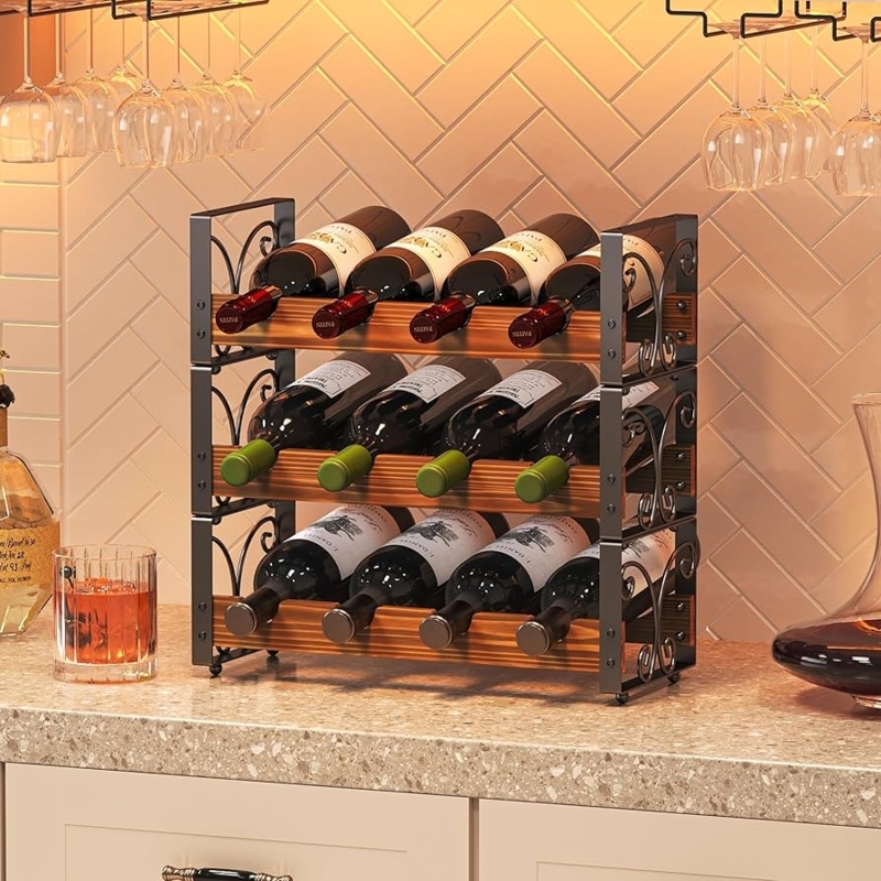 Wine Rack, Industrial Wood & Iron, Stackable Design, 3-Tier Countertop