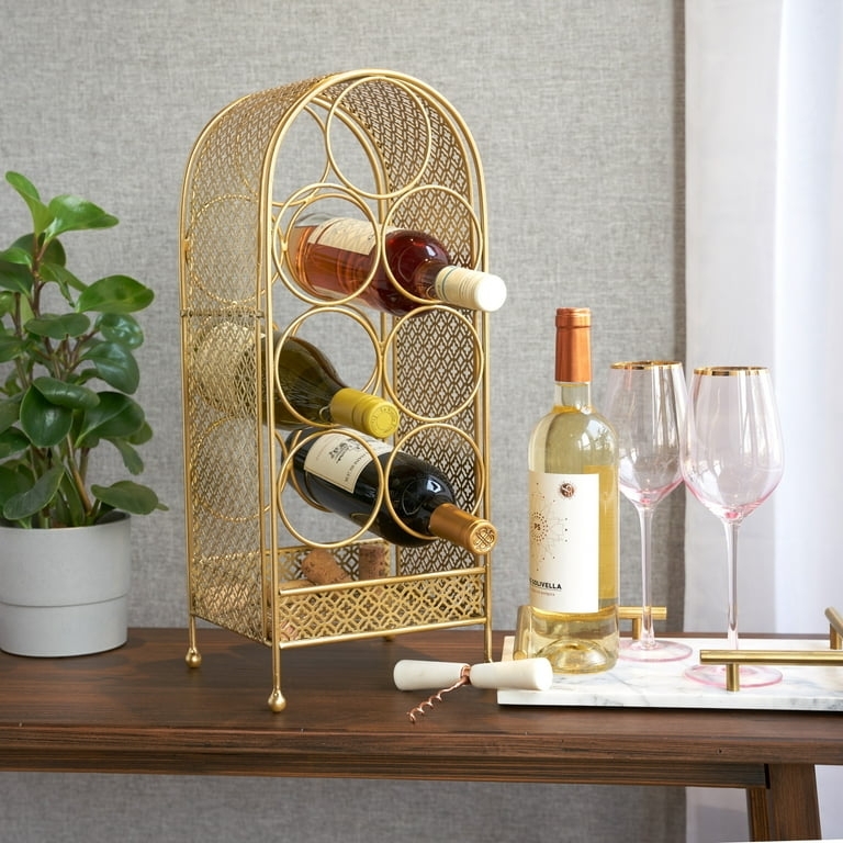 Wine Rack, Metallic Gold Finish, Trellis Pattern Mesh, Arched, Modern Glam