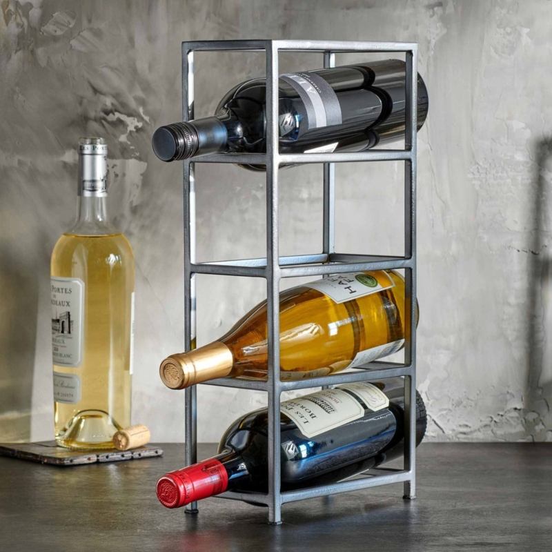 Wine Rack, Minimalist Industrial, Welded Iron Frame, Gunmetal Grey Grid