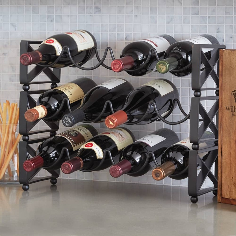 Wine Rack, Modular Construction, Matte Black, Wavy Cradles, X-Brace Sides