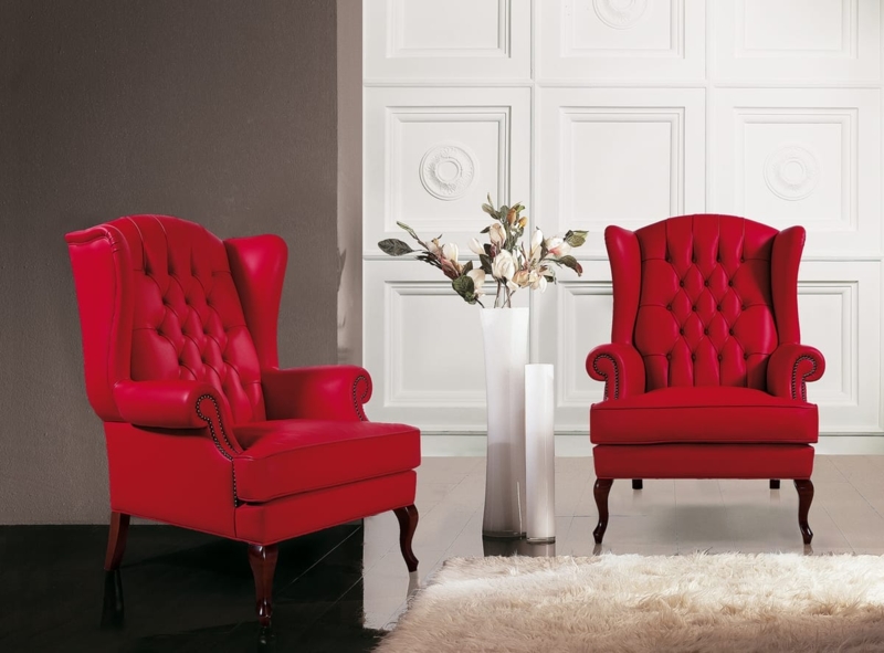 Wingback Armchair Vibrant Red Capitonne Tufting; Cabriole Legs Traditional