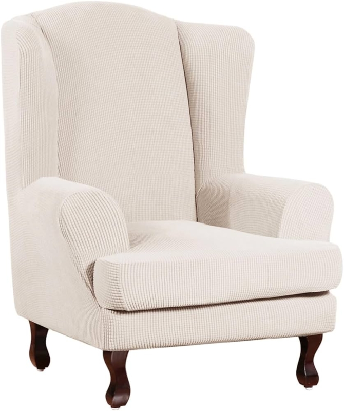 Wingback Chair Cabriole Legs Waffle Knit Ivory White Farmhouse Slipcover