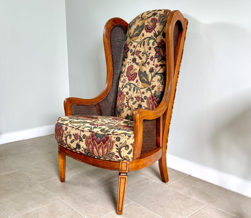 Wingback Chair Floral Tapestry Cane Inserts High Back Honey Oak