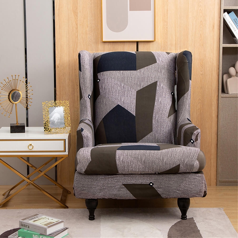 Wingback Chair Geometric Block Pattern Slate Grey Turned Dark Legs Modern