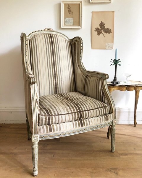 Wingback Chair Neoclassical Style Distressed Finish Vertical Stripes