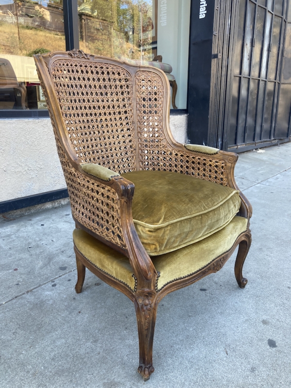 Wingback Chair Olive Green Velvet Cane Back French Provincial