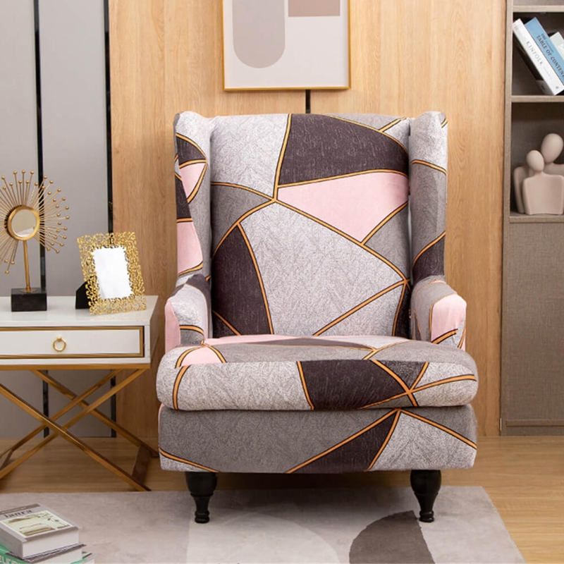 Wingback Chair Slipcover Blush Pink Geometric Color Block Charcoal Grey