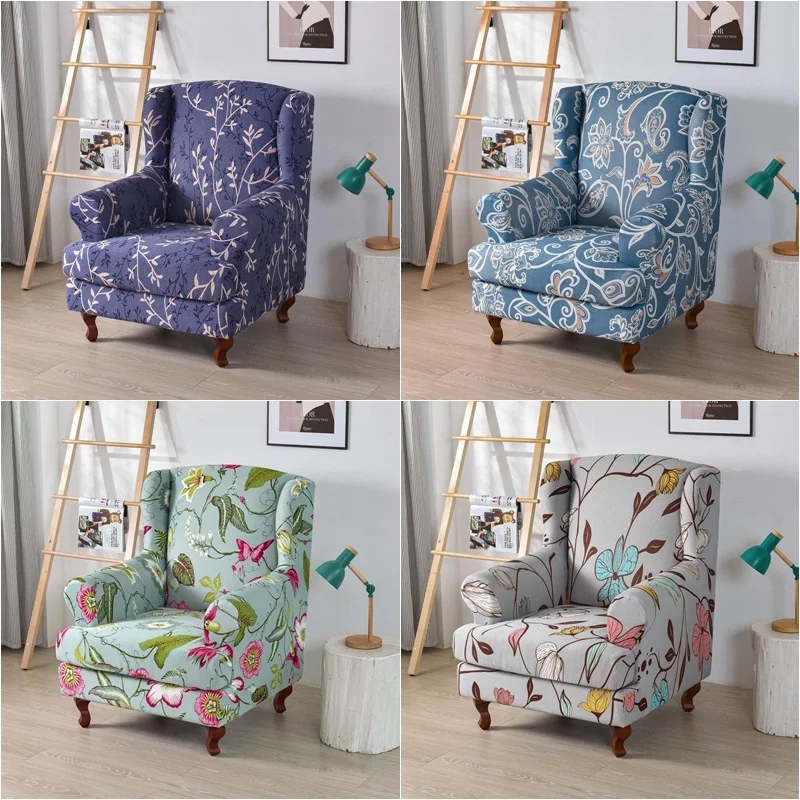 Wingback Chair Slipcover Floral Stretch Fabric Sage Green Shabby Chic Style
