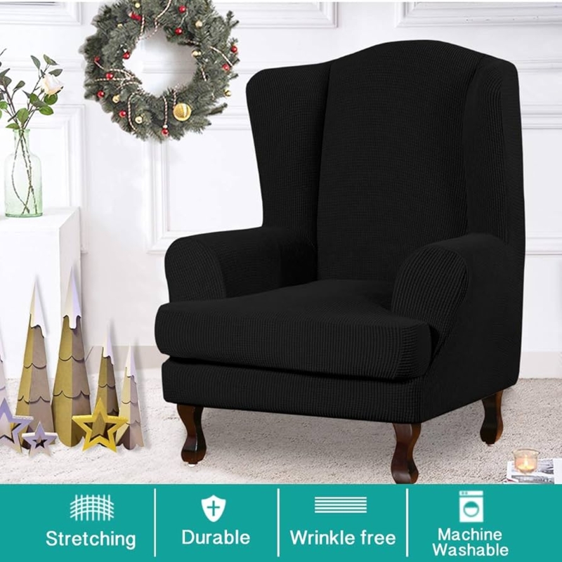 Wingback Chair Slipcover Matte Black Waffle Knit Texture Stretch Jacquard